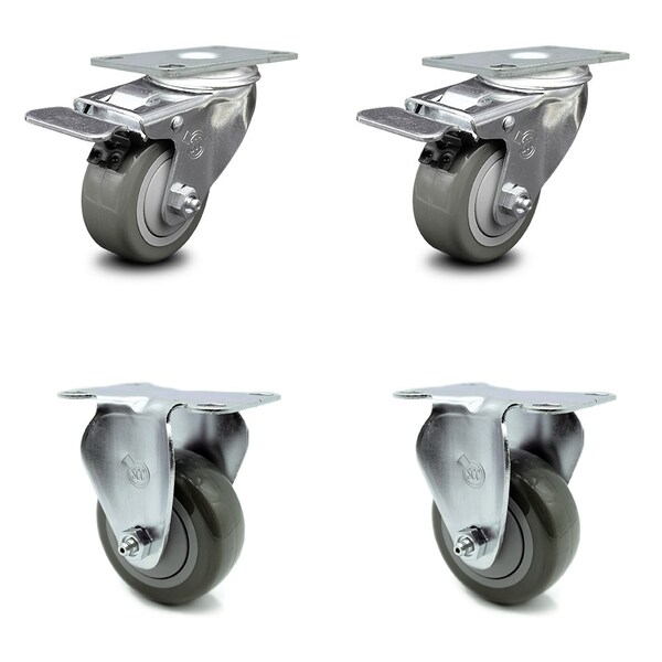 3 Inch Gray Polyurethane Swivel Top Plate Caster Lock Brakes 2 Rigid SCC, 2PK
